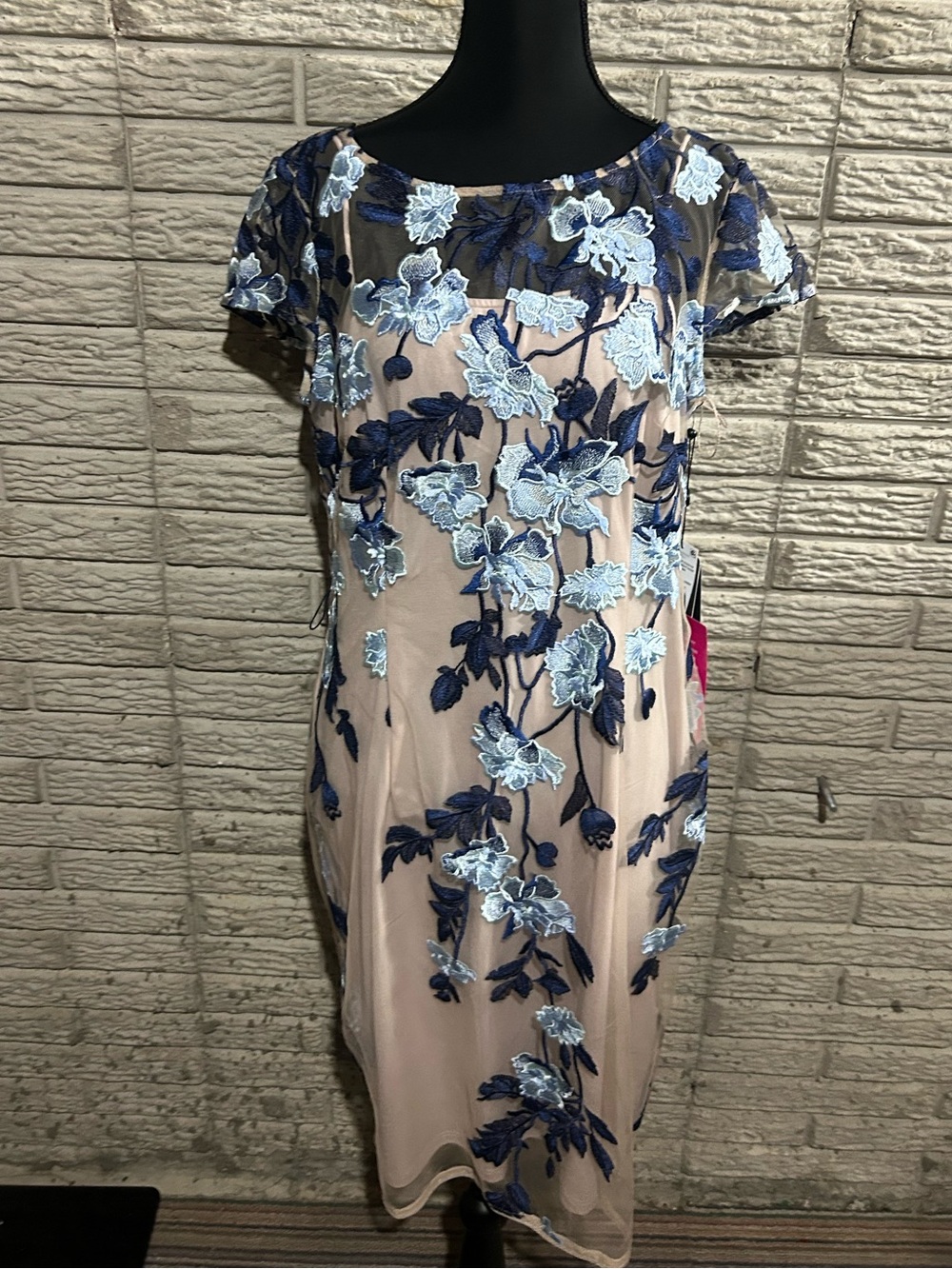 NWT Adrianna Papell Nude Midi Dress with Light and Dark Blue Floral Embroidery